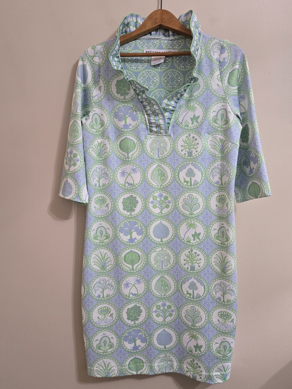 Gretchen Scott 3/4 Sleeve Jersey Ruffneck Dress Circle of Love Periwinkle Kelly